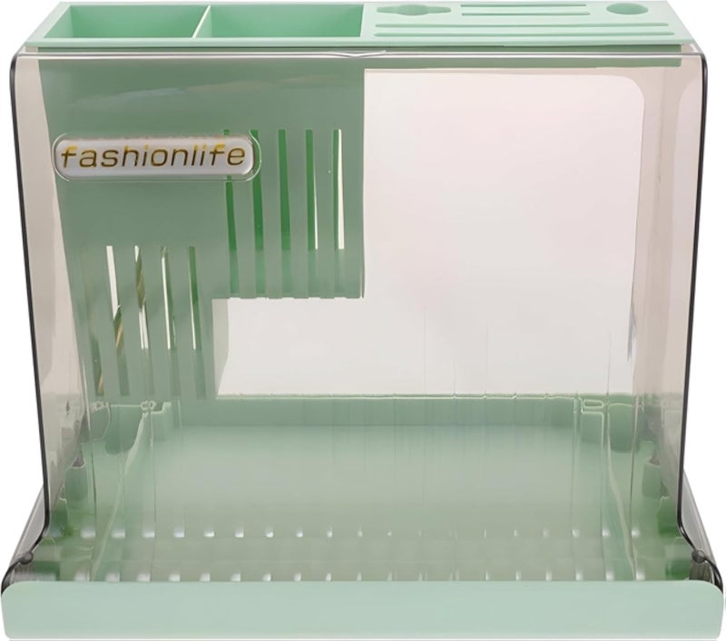 منظم أدوات المطبخ - حامل أخضر مزود بصينية تصريف مدمجة للملاعق والمضارب والملاقط، يعزز وظائف المطبخ وجمالياته.